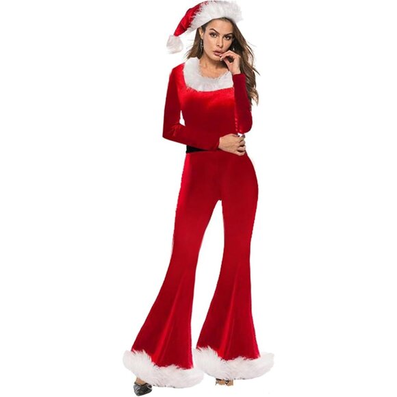 Womens Christmas Santa Costume Velvet Furry Jumpsuit Long Sleeve Romper with Hat - Picture 1 of 8
